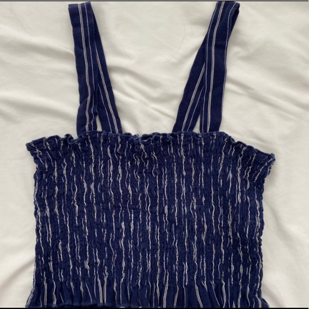 blue & white striped ruffle tank